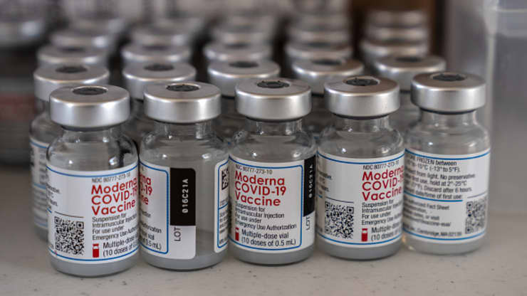 Moderna vaccines are prepared for application at a United States military vaccination centre at Camp Foster on April 28, 2021 in Ginowan, Japan.