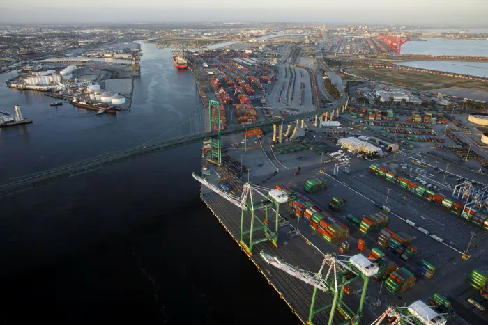 The Vincent Thomas bridge spans the main channel of the Port of Los Angeles