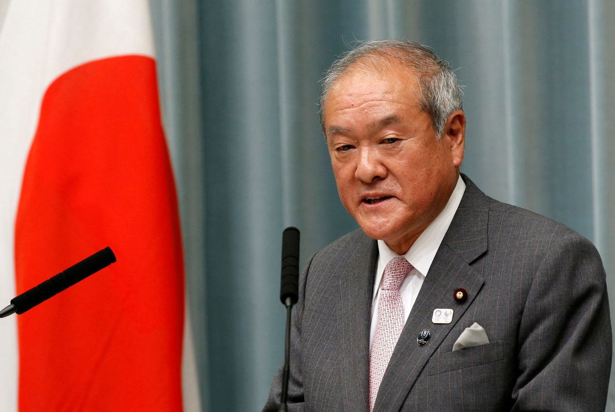 Japan's Olympics Minister Shunichi Suzuki speaks at a news conference in Tokyo