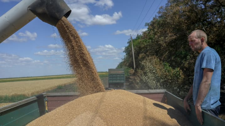 A farmer stands as he collects wheat near Mykolaiv, on July 21, 2022, amid the Russian invasion of Ukraine.