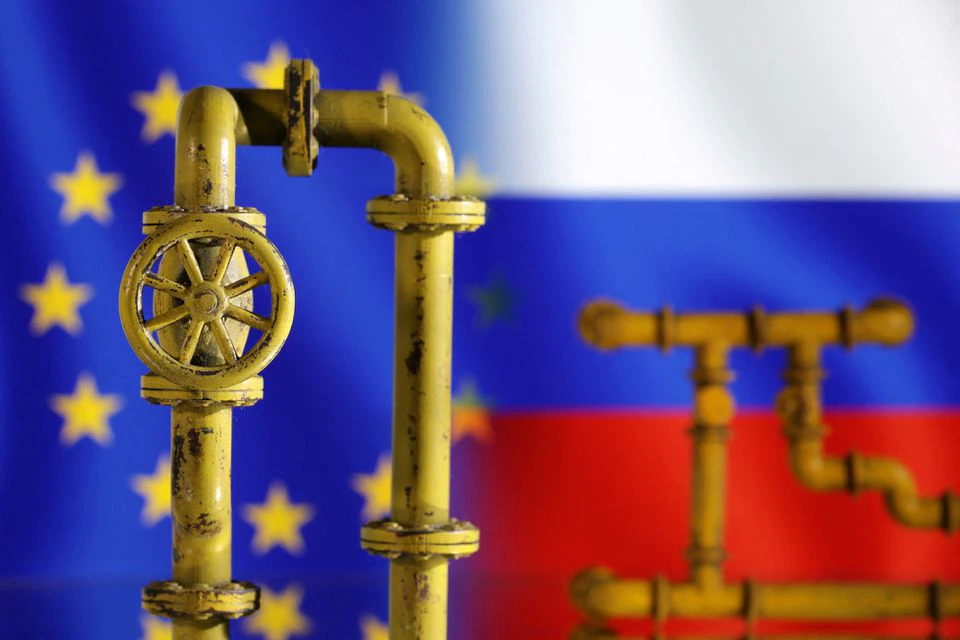 Illustration shows natural gas pipeline, EU and Russia flags