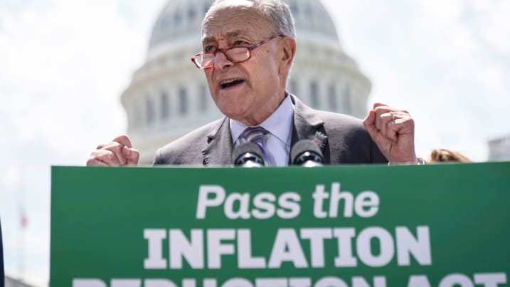 Senate Majority Leader Chuck Schumer (D-NY) speaks during a news conference about the Inflation Reduction Act outside the U.S. Capitol on August 4, 2022 in Washington, DC. Negotiations continue on the Senate budget reconciliation deal, which Senate Democrats have named The Inflation Reduction Act of 2022. The bill is expected to include $370 billion on energy and climate spending, roughly $300 billion in deficit reduction, three years of subsidies for Affordable Care Act premiums,