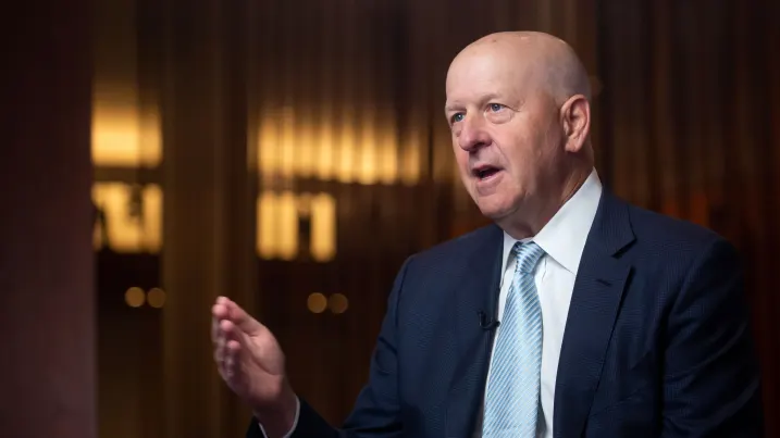 David Solomon, chief executive officer of Goldman Sachs Group Inc., during a Bloomberg Television at the Goldman Sachs Financial Services Conference in New York, US, on Tuesday, Dec. 6, 2022. Solomon sees "bumpy times ahead" for the global economy, meaning compensation will decline from last year's levels. Photographer: Michael Nagle/Bloomberg via Getty Images