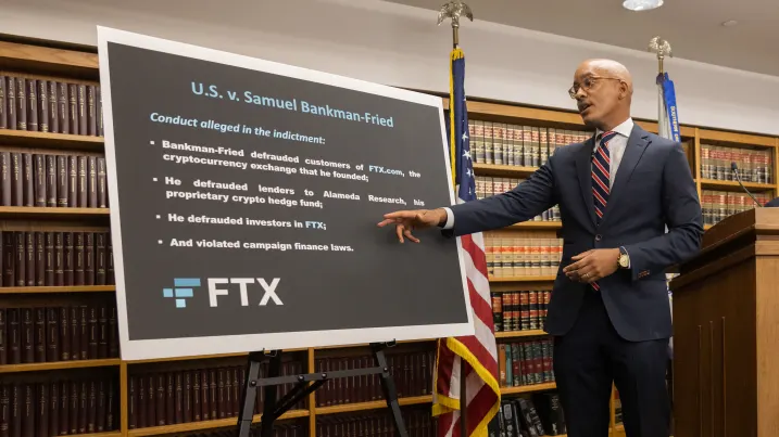 Damian Williams, US attorney for the Southern District of New York, speaks during a new conference at the US Attorney's Office-Southern District of New York (SDNY) in New York, US, on Tuesday, Dec. 13, 2022.