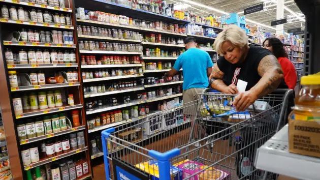 CHICAGO, ILLINOIS - AUGUST 09: Grocery items are offered for sale at a supermarket on August 09, 2023 in Chicago, Illinois. Despite inflation starting to settle, food inflation continues to climb in the double digits in many counties.  (Photo by Scott Olson/Getty Images)