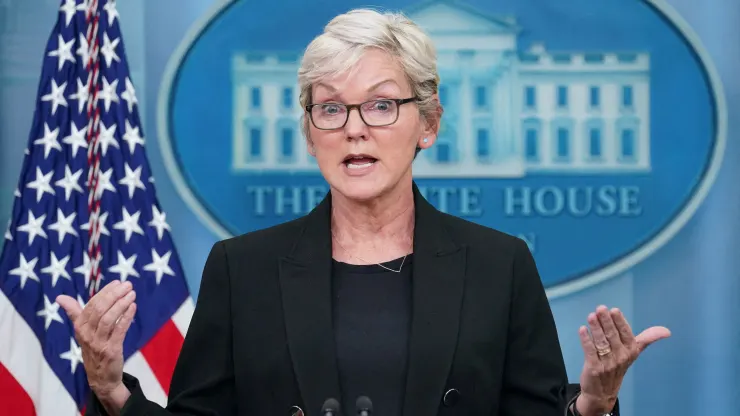 FILE PHOTO: U.S. Energy Secretary Jennifer Granholm speaks to reporters during a press briefing at the White House in Washington, U.S., June 22, 2022. REUTERS/Kevin Lamarque/File Photo